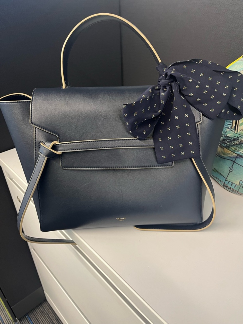 Celine Navy Genuine Leather Top-Handle Handbag Belt Bag